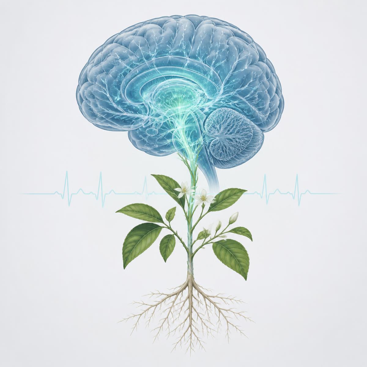 Scientific illustration of a brain merging with an iboga plant and cardiac trace